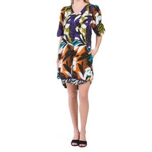 For Cynthia Floral Linen Puff Sleeve Dress Sz‎ L